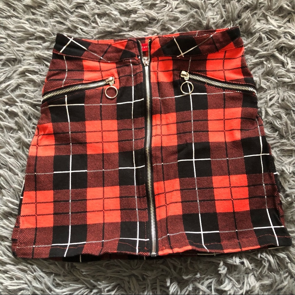 Red Plaid Grungey Zip Up Mini Skirt